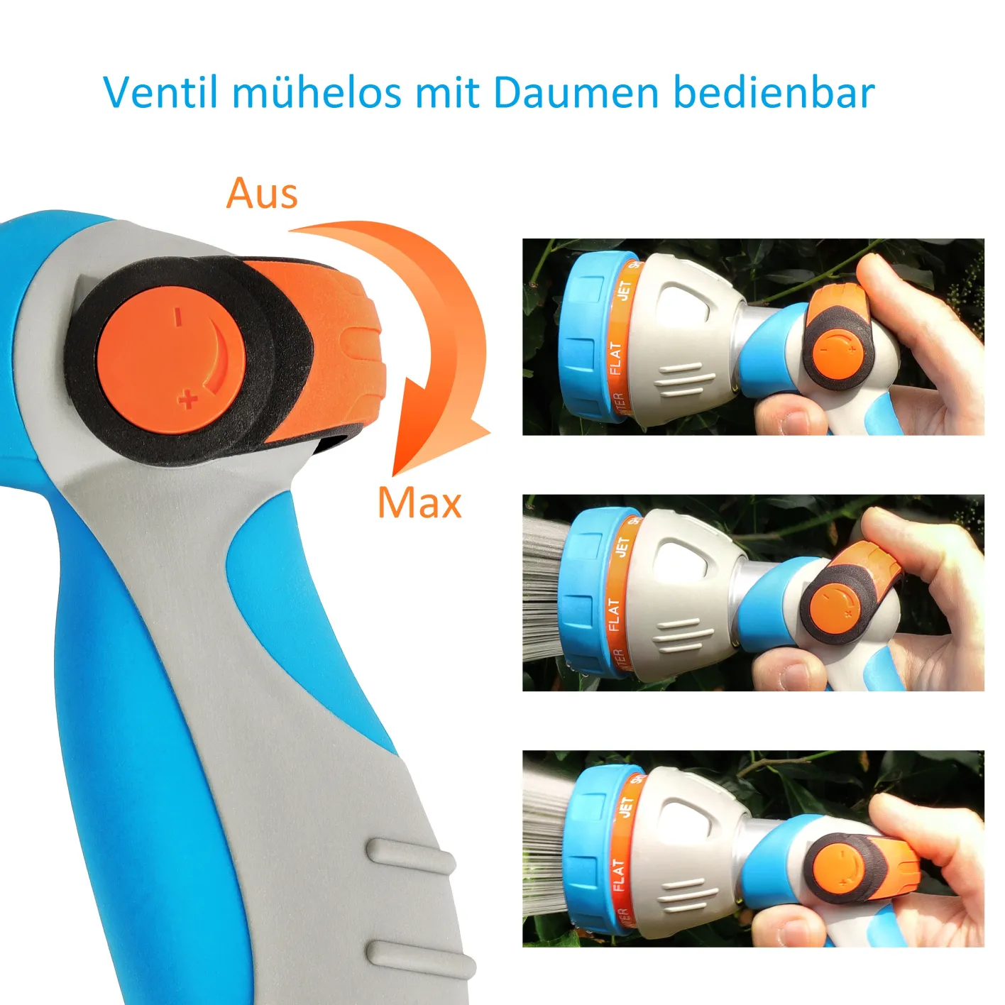 GRÜNTEK Metall-Gartenbrause mit 7 Strahlarten, Multifunktions-Handbrause, Garten-Spritzpistole mit stufenlos einstellbarer Wasserstärke, ergonomischer gummierter Griff, stoßfest und leichtgewichtig